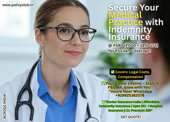 Lady doctor in India promoting professional indemnity insurance for doctors in India with ₹5 lakh sum insured for ₹590, medical malpractice insurance, WhatsApp +919925382078